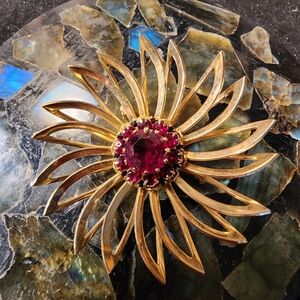 Ruby Glass Crystal Sunburst Brooche.